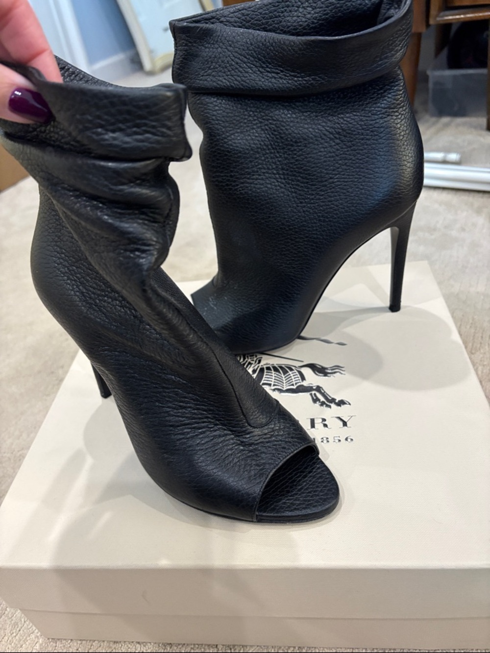 Burberry Black Leather Peep-Toe Stiletto Booties